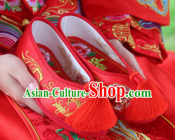 Traditional Chinese Handmade Embroidered Phoenix Peony Red Shoes Hanfu Wedding Shoes National Cloth Shoes for Women