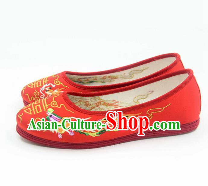 Traditional Chinese Embroidered Dragon Phoenix Red Shoes Handmade Hanfu Wedding Shoes National Cloth Shoes for Women