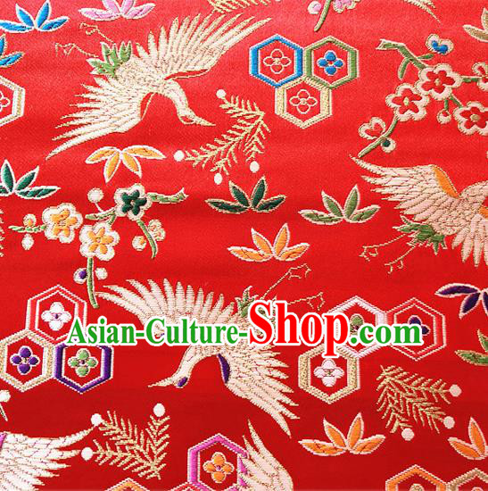 Asian Japan Traditional Plum Crane Pattern Design Red Brocade Damask Fabric Kimono Satin Material