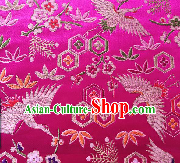 Asian Japan Traditional Plum Crane Pattern Design Rosy Brocade Damask Fabric Kimono Satin Material