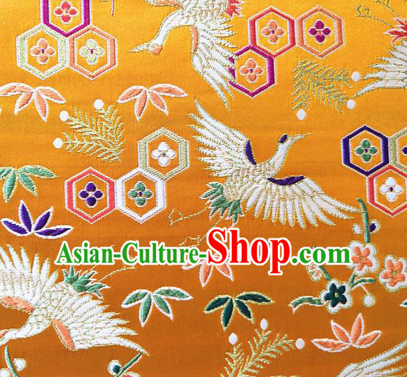 Asian Japan Traditional Plum Crane Pattern Design Golden Brocade Damask Fabric Kimono Satin Material