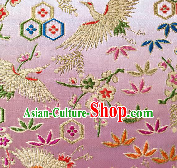 Asian Japan Traditional Plum Crane Pattern Design Pink Brocade Damask Fabric Kimono Satin Material