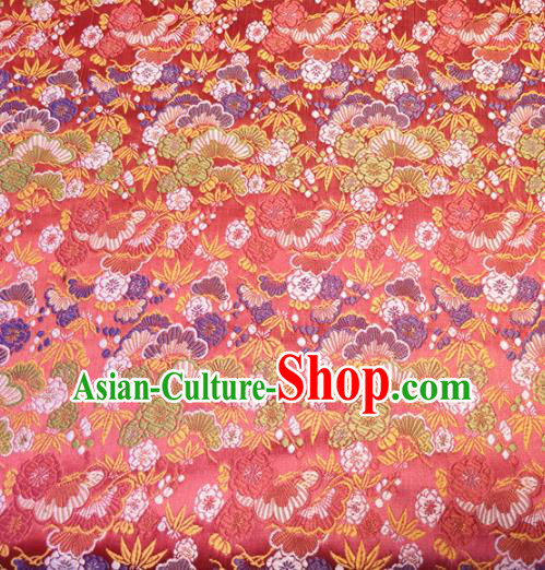 Asian Japan Traditional Bamboo Cockscomb Pattern Design Red Brocade Damask Fabric Kimono Satin Material