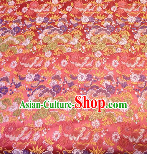 Asian Japan Traditional Bamboo Cockscomb Pattern Design Red Brocade Damask Fabric Kimono Satin Material