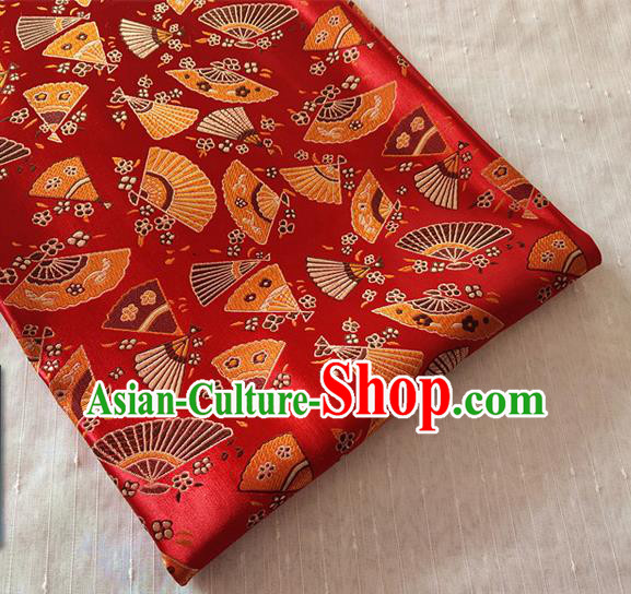 Asian Japan Traditional Folding Fan Pattern Design Red Brocade Damask Fabric Kimono Satin Material