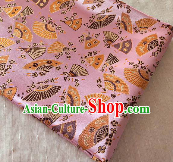 Asian Japan Traditional Folding Fan Pattern Design Pink Brocade Damask Fabric Kimono Satin Material