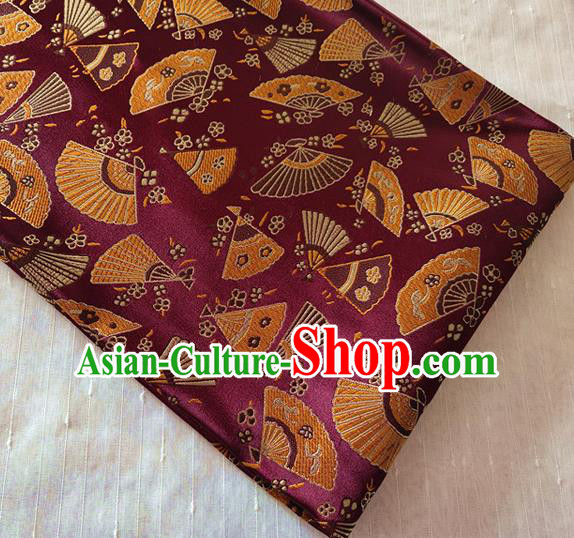 Asian Japan Traditional Folding Fan Pattern Design Purple Brocade Damask Fabric Kimono Satin Material