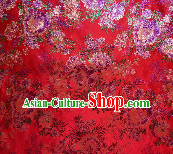 Asian Chinese Traditional Peony Pattern Design Red Brocade Cheongsam Fabric Silk Material