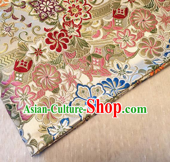 Asian Japan Traditional Sakura Daisy Pattern Design Beige Brocade Damask Fabric Kimono Satin Material