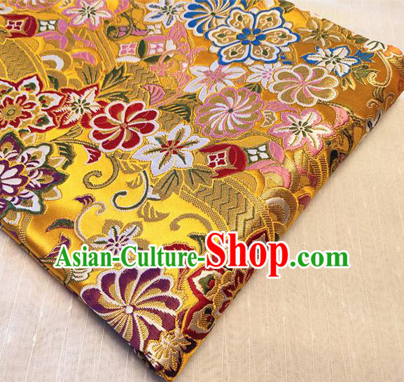 Asian Japan Traditional Sakura Daisy Pattern Design Golden Brocade Damask Fabric Kimono Satin Material