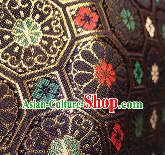 Asian Japan Traditional Chrysanthemum Pattern Design Navy Brocade Damask Fabric Kimono Satin Material