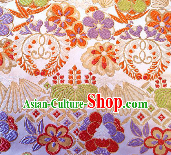 Asian Japan Traditional Banana Flower Pattern Design White Brocade Damask Fabric Kimono Satin Material