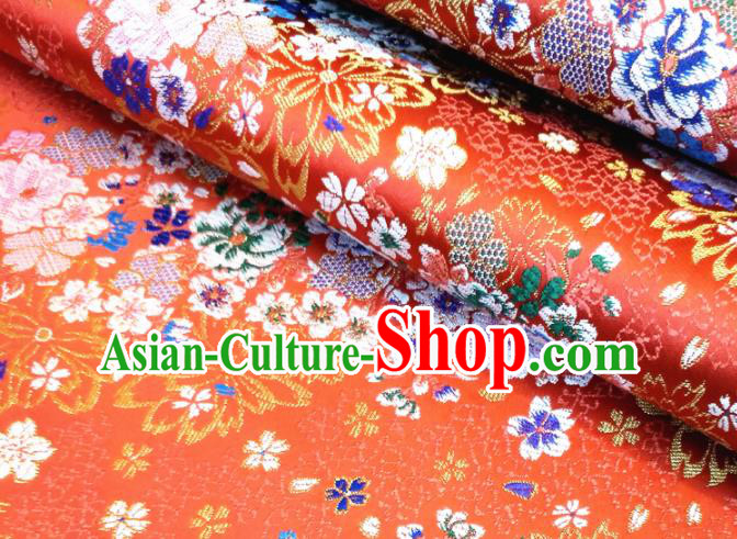 Asian Japan Traditional Sakura Pattern Design Red Brocade Damask Fabric Japanese Kimono Satin Material