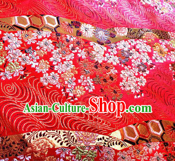 Asian Japan Traditional Cherry Blossom Pattern Design Red Brocade Damask Fabric Kimono Satin Material