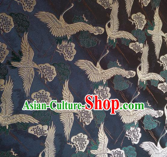 Asian Japan Traditional Cranes Pattern Design Black Brocade Damask Fabric Japanese Kimono Satin Material