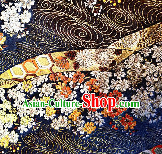 Asian Japan Traditional Cherry Blossom Pattern Design Navy Brocade Damask Fabric Kimono Satin Material