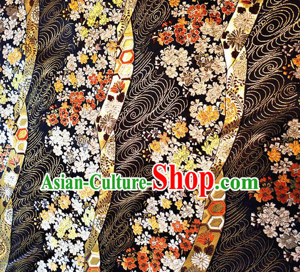 Asian Japan Traditional Cherry Blossom Pattern Design Black Brocade Damask Fabric Kimono Satin Material