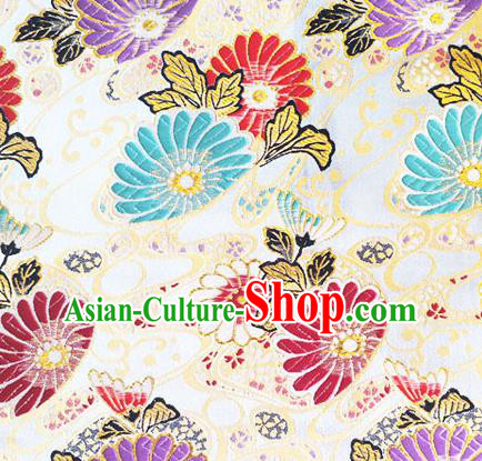 Asian Japan Traditional Daisy Pattern Design White Brocade Damask Fabric Kimono Satin Material