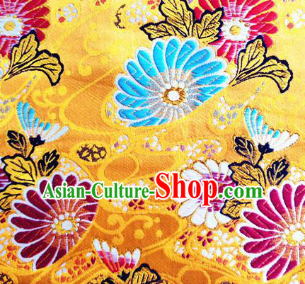 Asian Japan Traditional Daisy Pattern Design Yellow Brocade Damask Fabric Kimono Satin Material