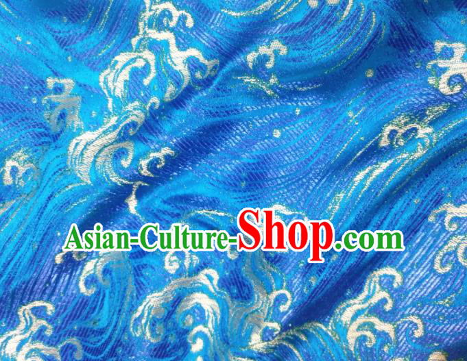 Asian Japan Traditional Wave Pattern Design Blue Brocade Damask Fabric Japanese Kimono Satin Material