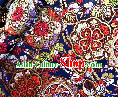 Asian Japan Traditional Flowers Pattern Design Navy Brocade Damask Fabric Japanese Kimono Satin Material