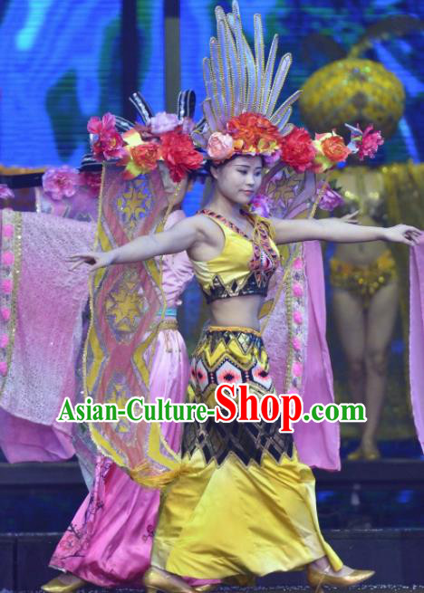 Chinese The Romantic Show of Sanya Peacock Dance Yellow Dress Stage Performance Costume and Headpiece for Women