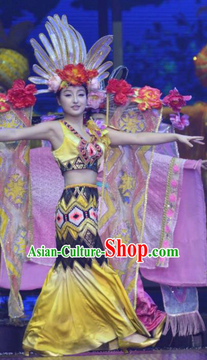 Chinese The Romantic Show of Sanya Peacock Dance Yellow Dress Stage Performance Costume and Headpiece for Women