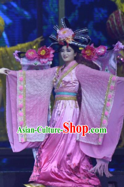 Chinese The Romantic Show of Sanya Dance Pink Dress Stage Performance Costume and Headpiece for Women