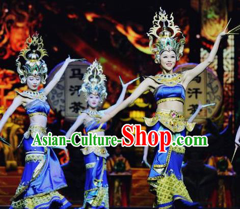 Chinese The Romantic Show of Lijiang Peacock Dance Blue Dress Stage Performance Costume and Headpiece for Women