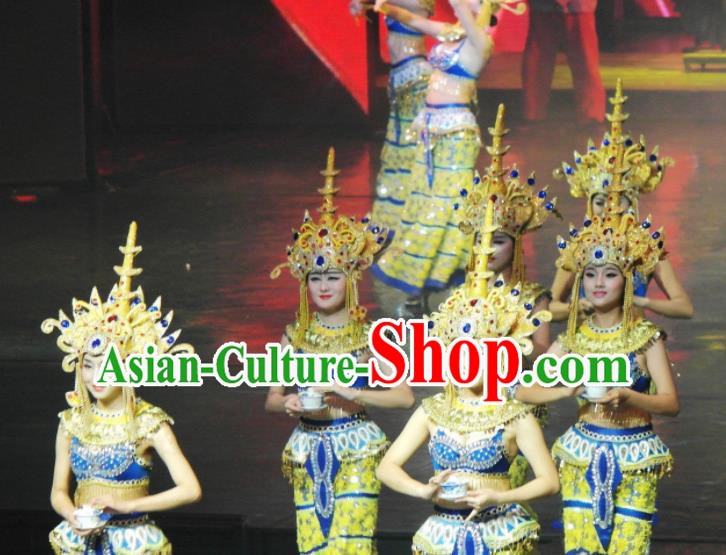 Chinese The Romantic Show of Lijiang Peacock Dance Yellow Dress Stage Performance Costume and Headpiece for Women