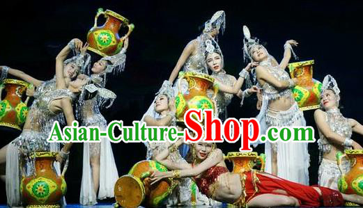 Chinese The Romantic Show of Lijiang Peacock Dance White Dress Stage Performance Costume and Headpiece for Women