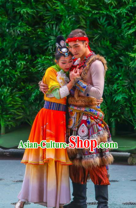 Chinese The Romantic Show of Lijiang Stage Performance Zhuang nationality Dance Costumes for Women for Men