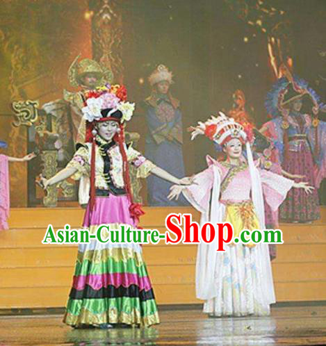 Chinese The Romantic Show of Lijiang Yi Ethnic Nationality Dance Dress Stage Performance Costume and Headpiece for Women