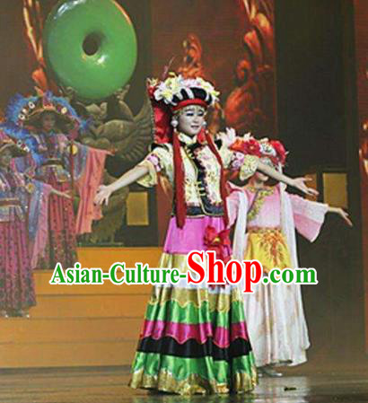 Chinese The Romantic Show of Lijiang Yi Ethnic Nationality Dance Dress Stage Performance Costume and Headpiece for Women