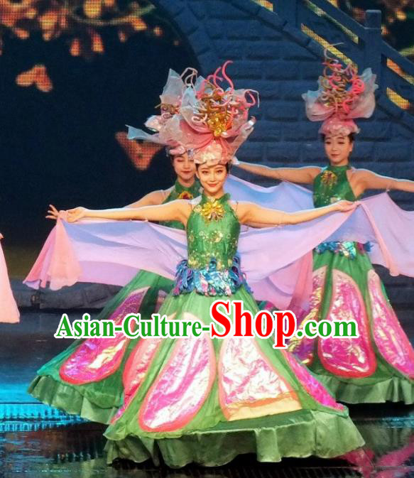 Chinese The Romantic Show of Songcheng Dance Green Dress Stage Performance Costume and Headpiece for Women