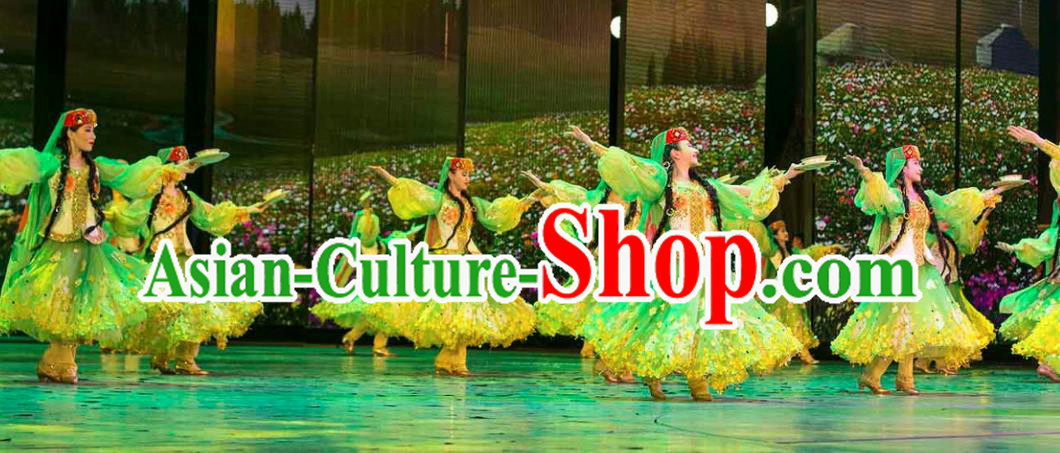 Chinese Back to the Silk Road Uyghur Nationality Dance Green Dress Stage Performance Ethnic Costume for Women