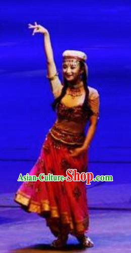 Chinese Back to the Silk Road Uyghur Nationality Dance Red Dress Stage Performance Ethnic Costume for Women