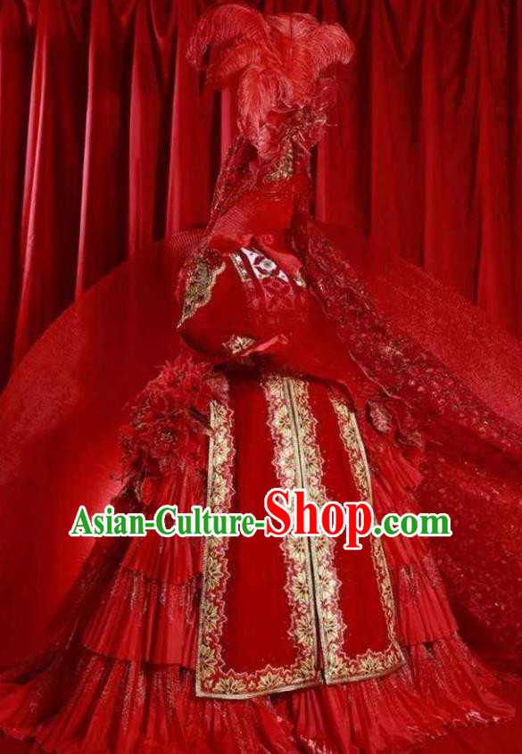 Chinese Back to the Silk Road Kazak Nationality Bride Dance Red Dress Stage Performance Ethnic Costume for Women