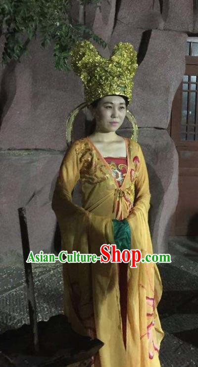 Chinese The Dream of Dongjing Song Dynasty Court Lady Dance Yellow Dress Stage Performance Costume and Hat for Women