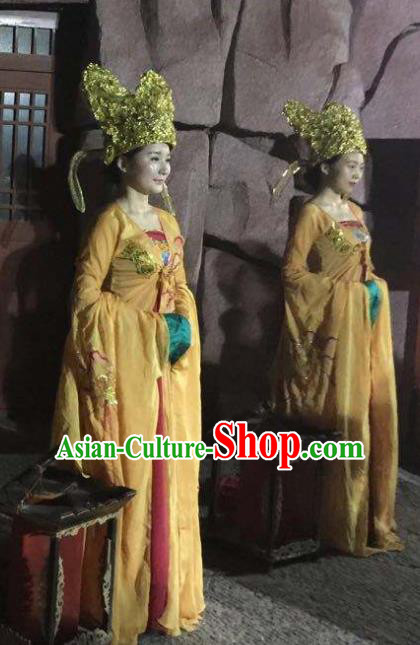 Chinese The Dream of Dongjing Song Dynasty Court Lady Dance Yellow Dress Stage Performance Costume and Hat for Women