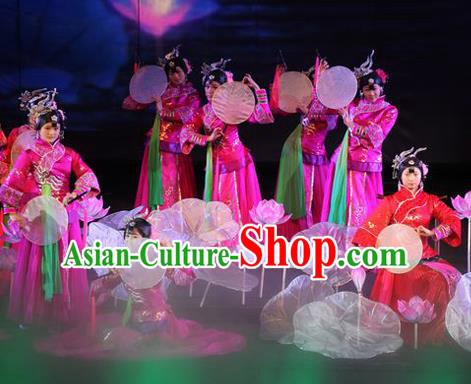Chinese The Romantic Show of Huizhou Classical Dance Rosy Dress Stage Performance Costume and Headpiece for Women