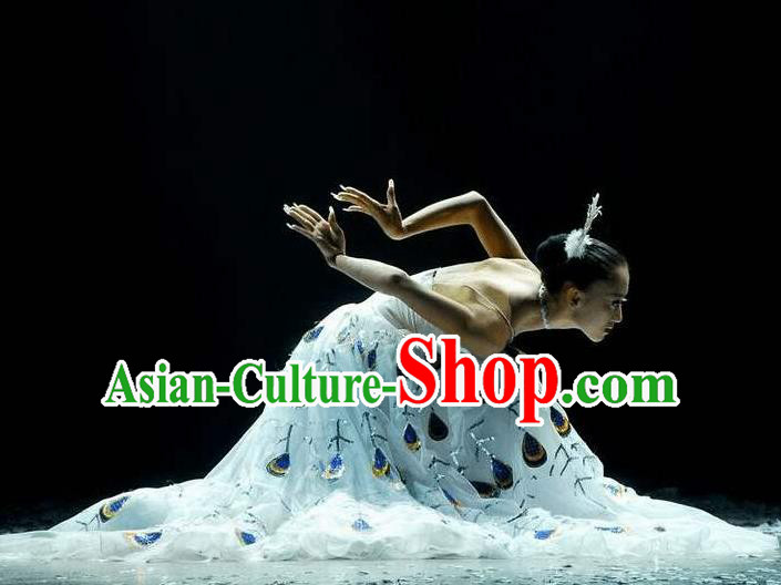 Chinese Dynamic Yunnan Peacock Dance White Dress Stage Performance Ethnic Costume for Women