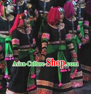 Chinese Dynamic Yunnan Yi Nationality Dance Black Dress Stage Performance Ethnic Costume for Women