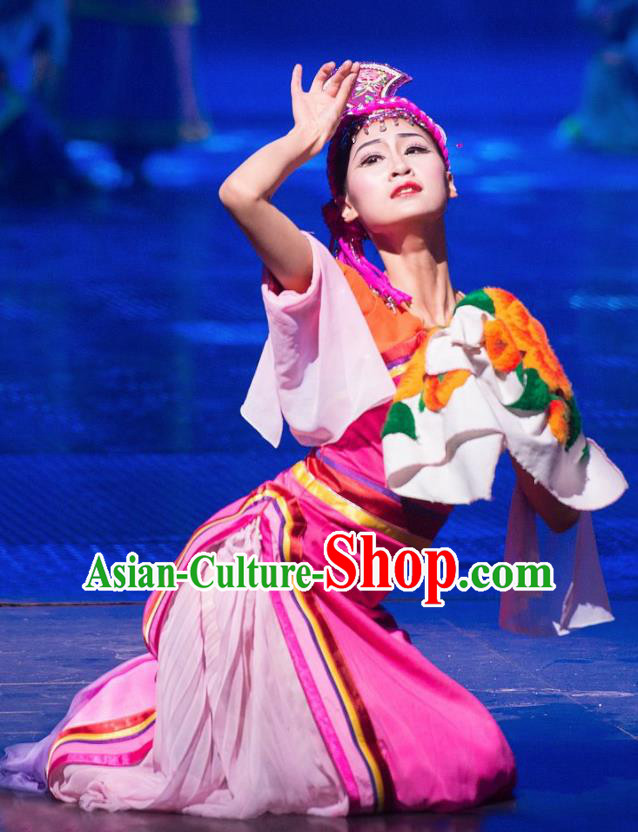 Chinese The Romantic Show of Jiuzhai Folk Dance Dress Stage Performance Costume and Headpiece for Women