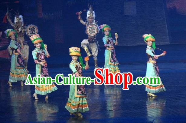 Chinese The Romantic Show of Jiuzhai Yi Nationality Dance Green Dress Stage Performance Costume and Headpiece for Women