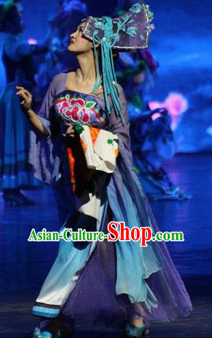 Chinese The Romantic Show of Jiuzhai Classical Dance Purple Dress Stage Performance Costume and Headpiece for Women