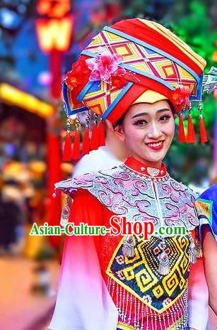 Chinese The Romantic Show of Guilin Zhuang Nationality Bride Red Dress Stage Performance Dance Costume for Women
