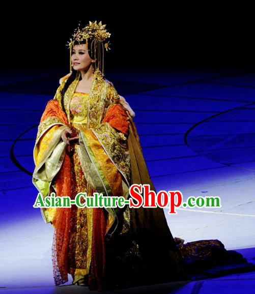 Chinese Princess Wencheng Drama Dance Dress Stage Performance Costume and Headpiece for Women