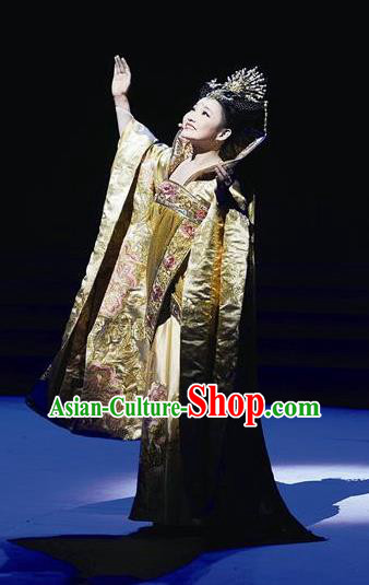 Chinese Princess Wencheng Ancient Drama Dance Golden Dress Stage Performance Costume and Headpiece for Women