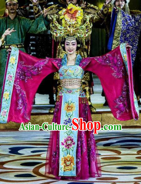 Chinese Chang An Impression Ancient Court Empress Dance Rosy Dress Stage Performance Costume and Headpiece for Women